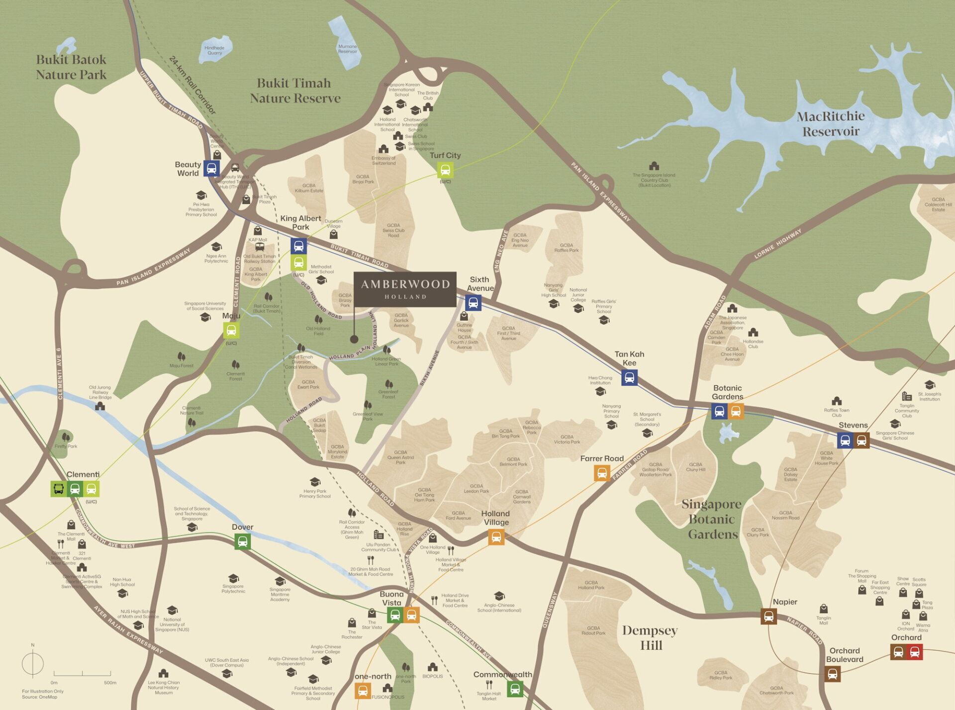 Amberwood at Holland Official Location Map by Sim Lian Group showing King Albert Park MRT and Methodist Girls School 1km radius